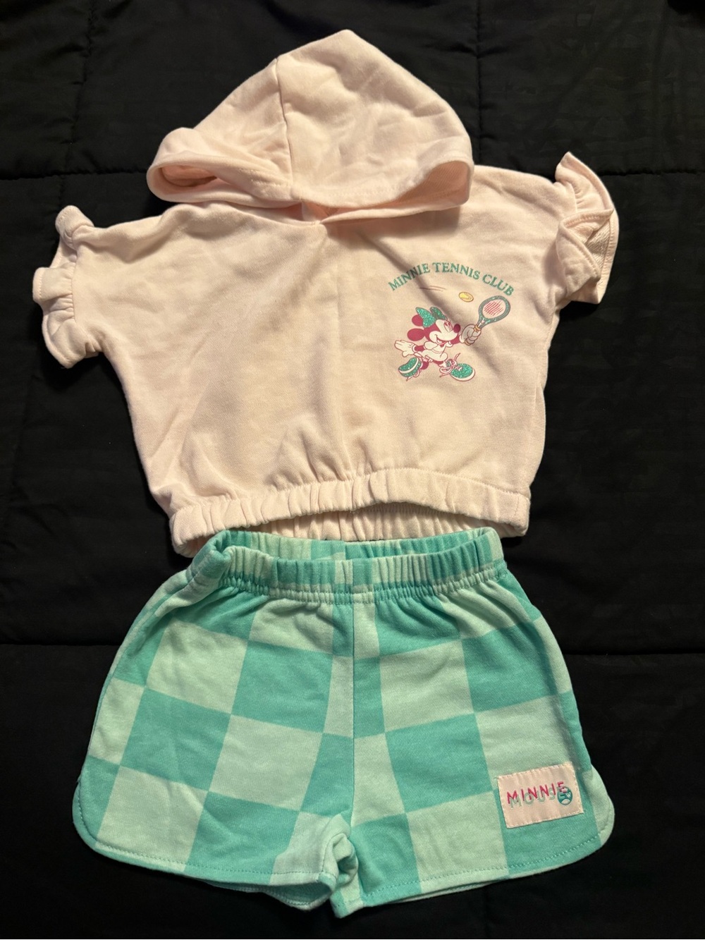 Disney Minnie Tennis Club Hoodie Crop Top & Checker Shorts - Pink & Mint